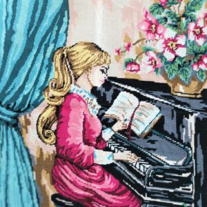 Big Embroidery frame showing a Girl with the piano. Handmade from Greece