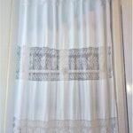 Big handmade curtain with cotton  fabric and crochet in white. The pattern is grapes. At the bottom beautiful friges complete the style. Handmade artpiece from Greek woman. Suitable for double window in normal size. 