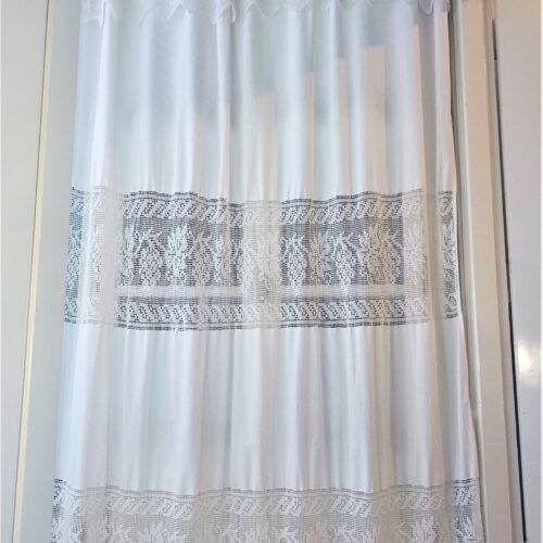 Big handmade curtain with cotton  fabric and crochet in white. The pattern is grapes. At the bottom beautiful friges complete the style. Handmade artpiece from Greek woman. Suitable for double window in normal size. 