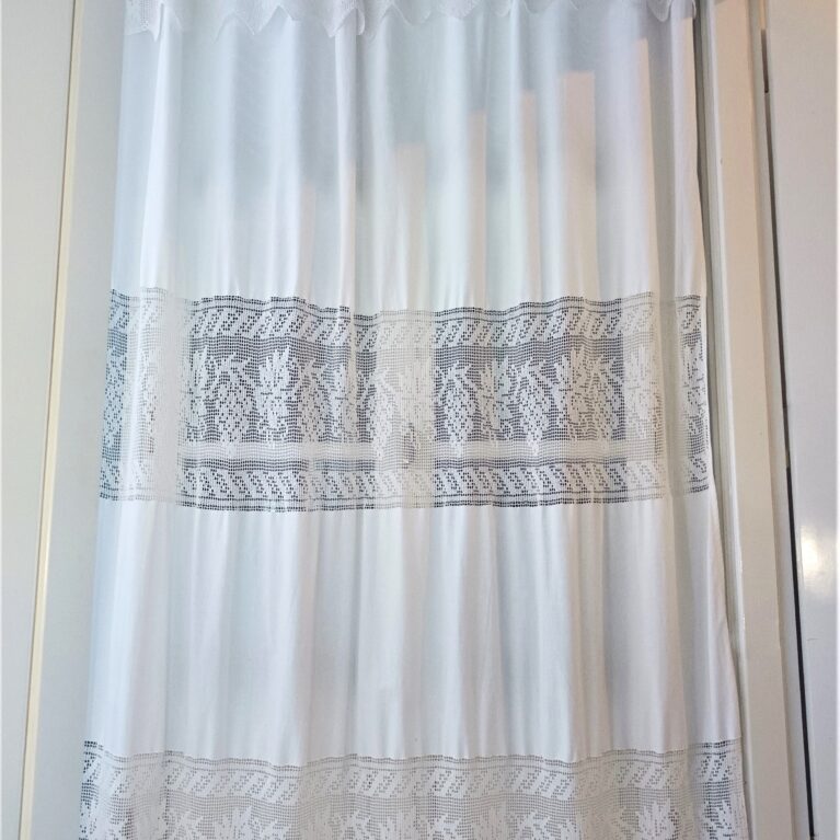 Big handmade curtain with cotton  fabric and crochet in white. The pattern is grapes. At the bottom beautiful friges complete the style. Handmade artpiece from Greek woman. Suitable for double window in normal size. 