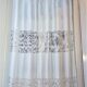 Big handmade curtain with cotton  fabric and crochet in white. The pattern is grapes. At the bottom beautiful friges complete the style. Handmade artpiece from Greek woman. Suitable for double window in normal size. 
