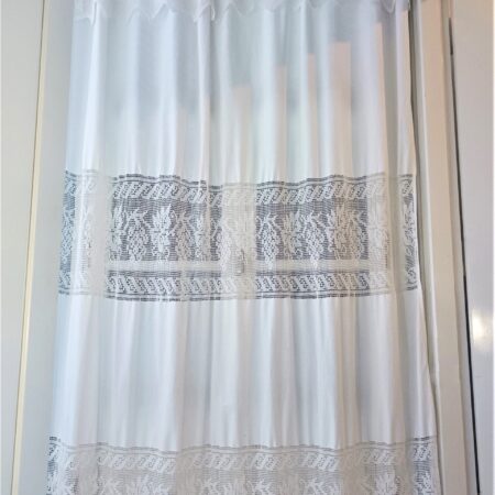 Big handmade curtain with cotton  fabric and crochet in white. The pattern is grapes. At the bottom beautiful friges complete the style. Handmade artpiece from Greek woman. Suitable for double window in normal size. 