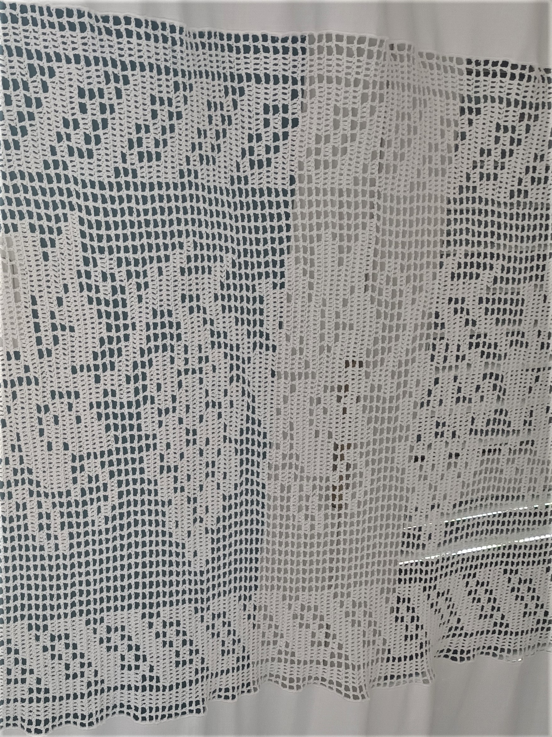 Big handmade curtain with cotton fabric and crochet in white. The pattern is grapes. At the bottom beautiful friges complete the style. Handmade artpiece from Greek woman. Suitable for double window in normal size.