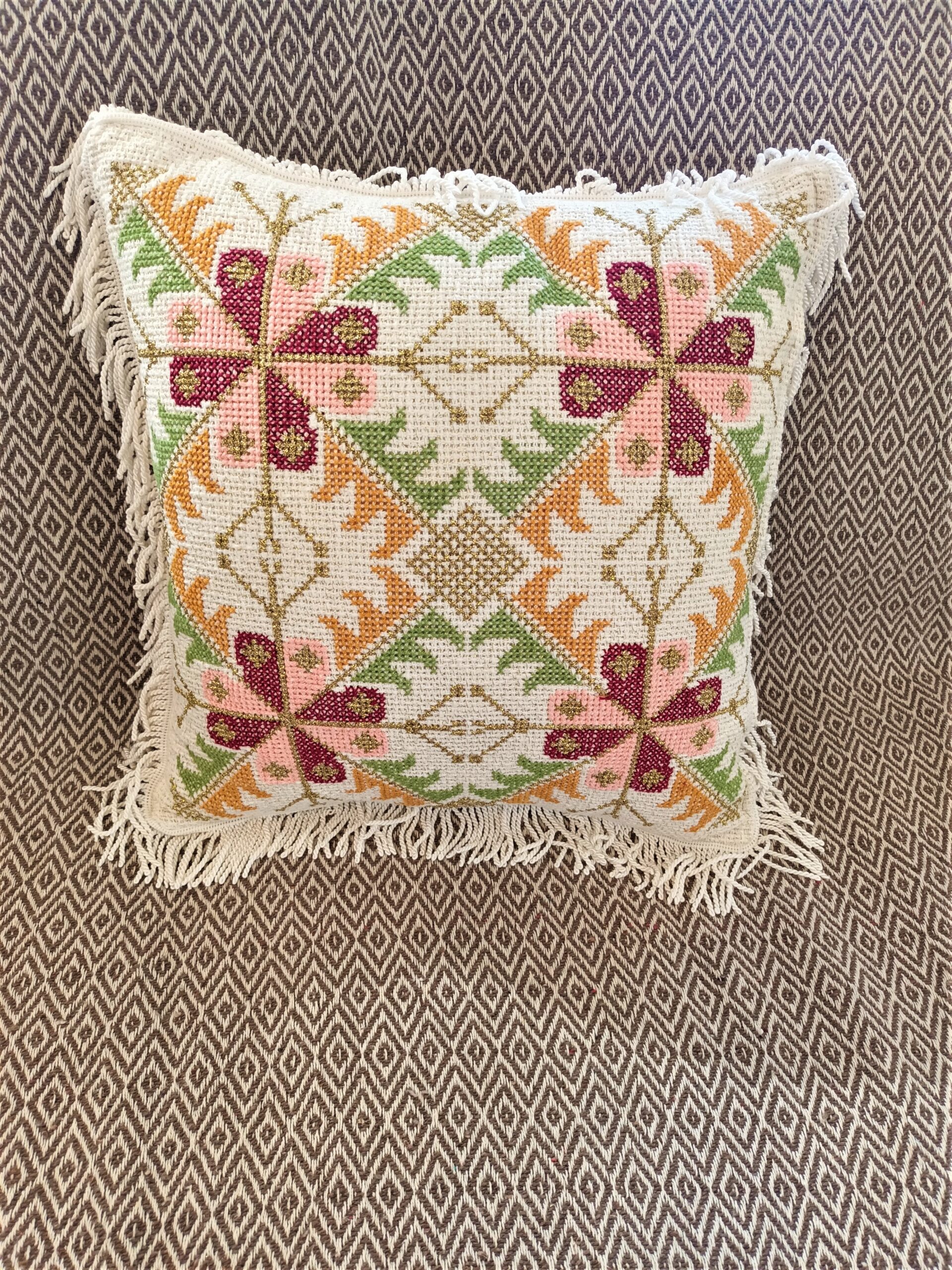 Handmade square pillows with embroidery in cotton canva with gord strings inside. In set of two. Dimensions 50x50cm Combine it with our Large tableclothe with embroidery and colorful fringes and make a unique decoration with Greek traditional artpieces