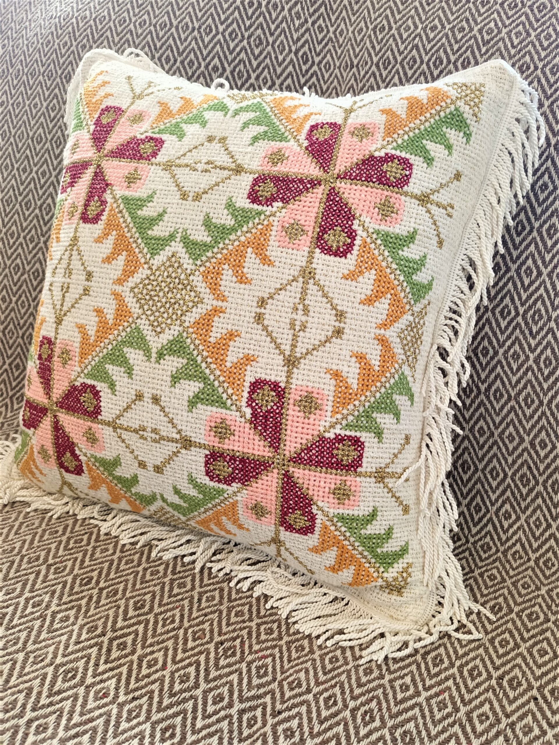 Handmade square pillows with embroidery in cotton canva with gord strings inside. In set of two. Dimensions 50x50cm Combine it with our Large tableclothe with embroidery and colorful fringes and make a unique decoration with Greek traditional artpieces