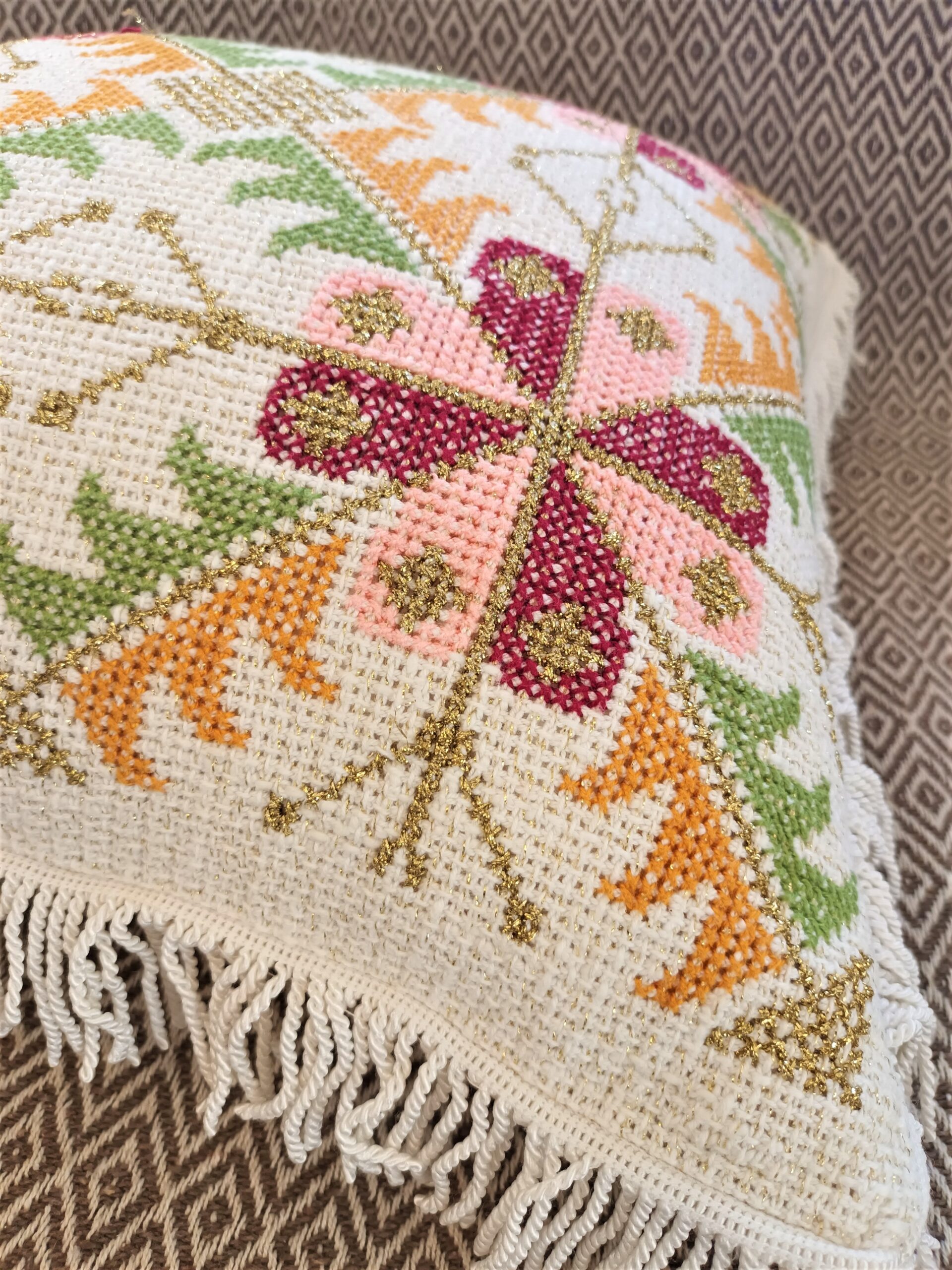 Handmade square pillows with embroidery in cotton canva with gord strings inside. In set of two. Dimensions 50x50cm Combine it with our Large tableclothe with embroidery and colorful fringes and make a unique decoration with Greek traditional artpieces