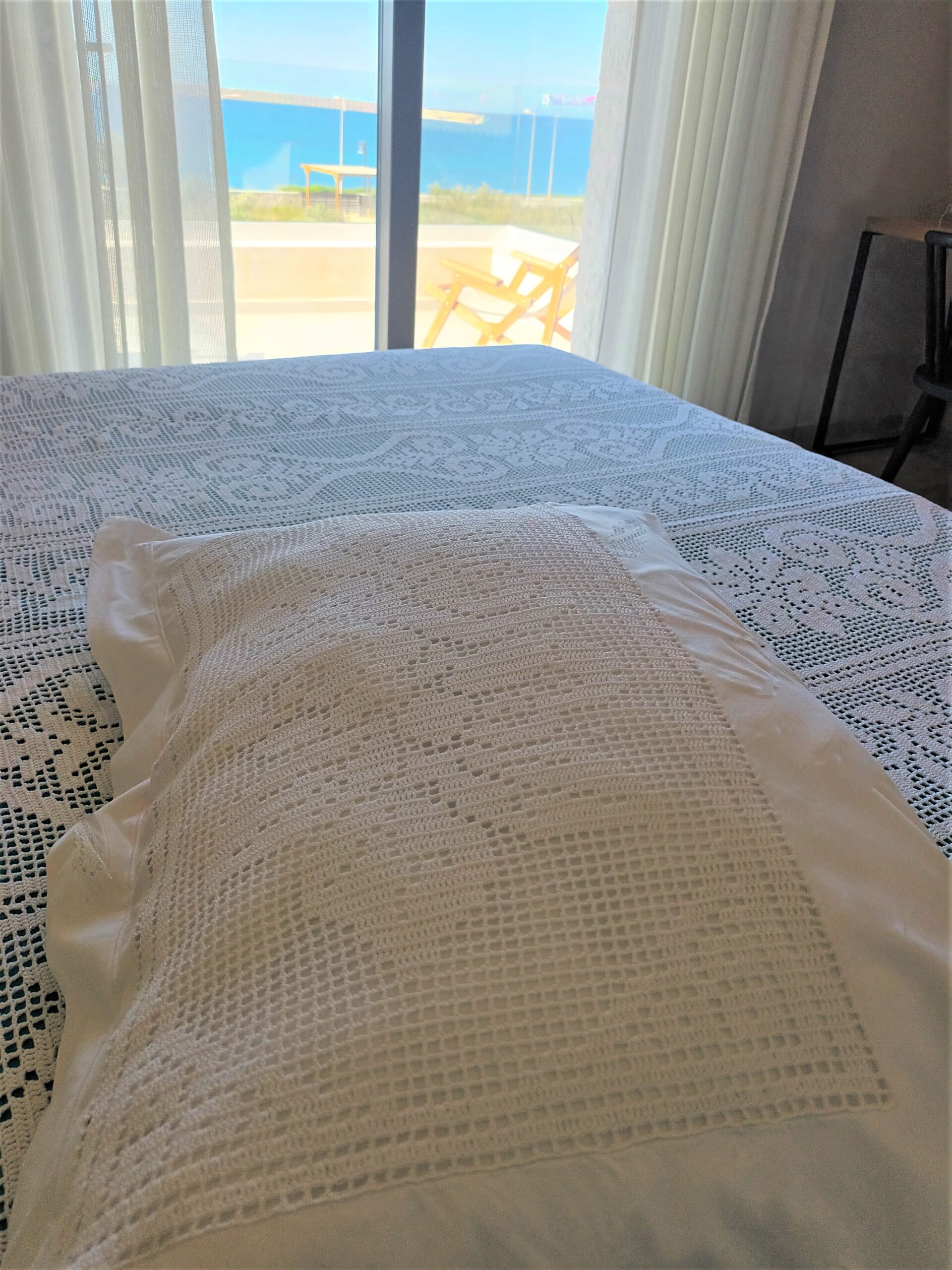 Handmade bed pillows with crochet and cotton in white_set of two