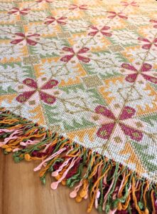 Tableclothe with embroidery and colorful fringes that makes it a very beautiful art piece from Greece. Suitable for big tables