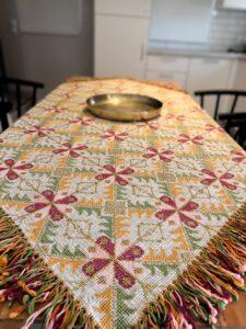 Tableclothe with embroidery and colorful fringes that makes it a very beautiful art piece from Greece. Suitable for big tables