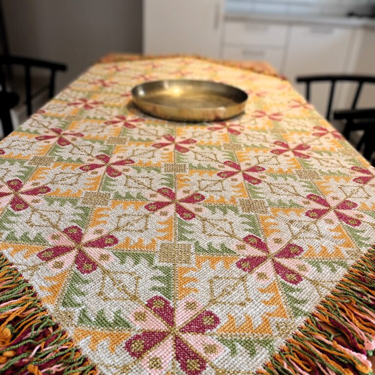 Tableclothe with embroidery and colorful fringes that makes it a very beautiful art piece from Greece. Suitable for big tables